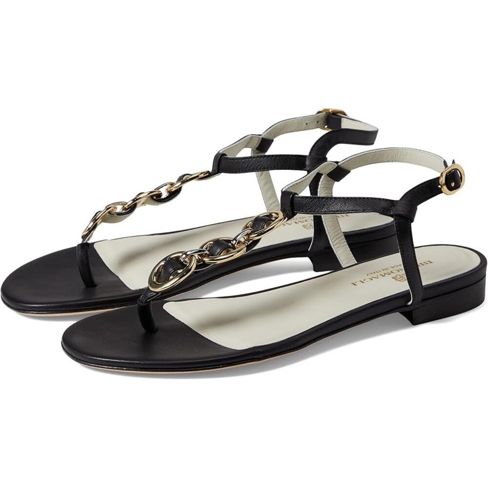 Bruno Magli NWOB Marina Leather Thong Sandal Black Size 37.5 US 7.5 Chain Strap